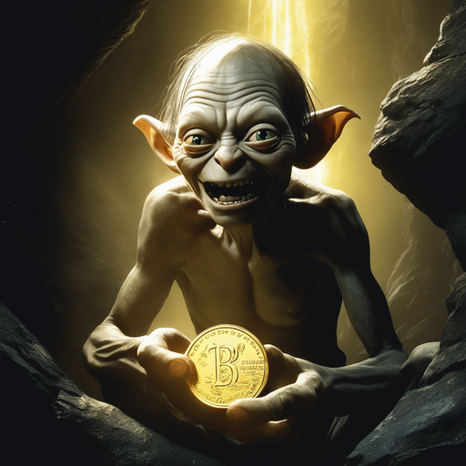 gollum-from-lord-of-the-rings-in-a-dark-cave-holding-a-gold-coin-up-above-his-head-to-a-beam-of-lig-324704612